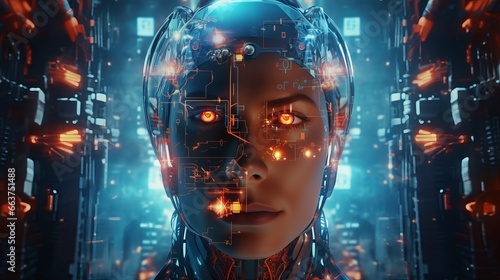 ai cyborg engaged: robot examining virtual hud interface in modern tech frame – machine learning and artificial intelligence concept in computer electronic technology style photo