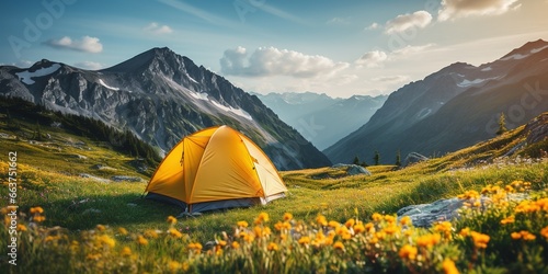 Summer vacation in the mountains. Camping with yellow tent in a mountain valley with wild meadow flowers on background of mountains. Freedom travel and hiking in the mountains concept.