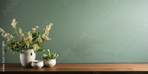 Textured sage green wall copy space. Monochrome empty room with minimalist wood table. Wall scene mockup product for showcase, Promotion background
