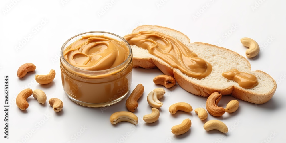 Peanut butter made from peanuts, almonds and walnuts on white background. generative AI Peanut butter made from peanuts, almonds and walnuts on white background. generative AI