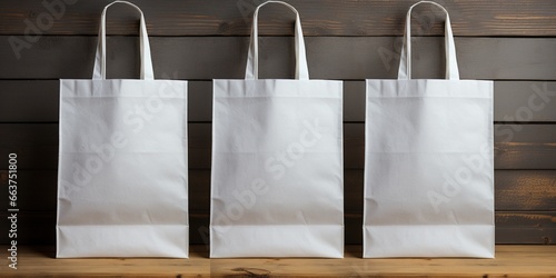 Three Cotton eco bags set, fabric white bag with handle for shopping. Mockup of blank canvas packets, textile reusable ecobags isolated. photo