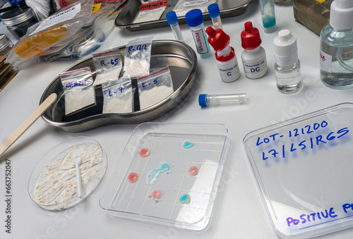 Police scientist examines seizures of adulterated fentanyl in crime lab, Conceptual Ima