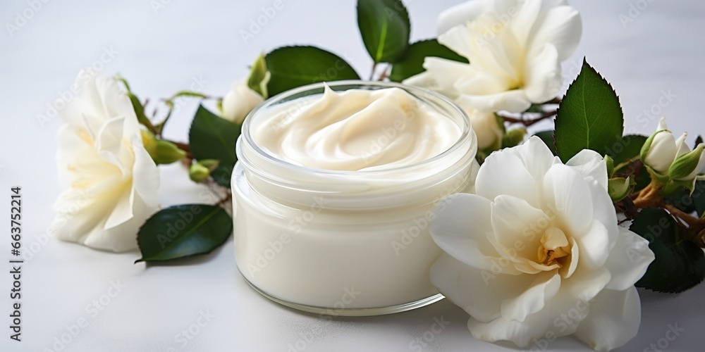 Whitening and moisturizing Face cream in bottle and flowers on white background. Set for spa, skin care and body products and solutions for skin problems such as scars, acne, wrinkles. Whitening and moisturizing Face cream in bottle and flowers on white background. Set for spa, skin care and body products and solutions for skin problems such as scars, acne, wrinkles.