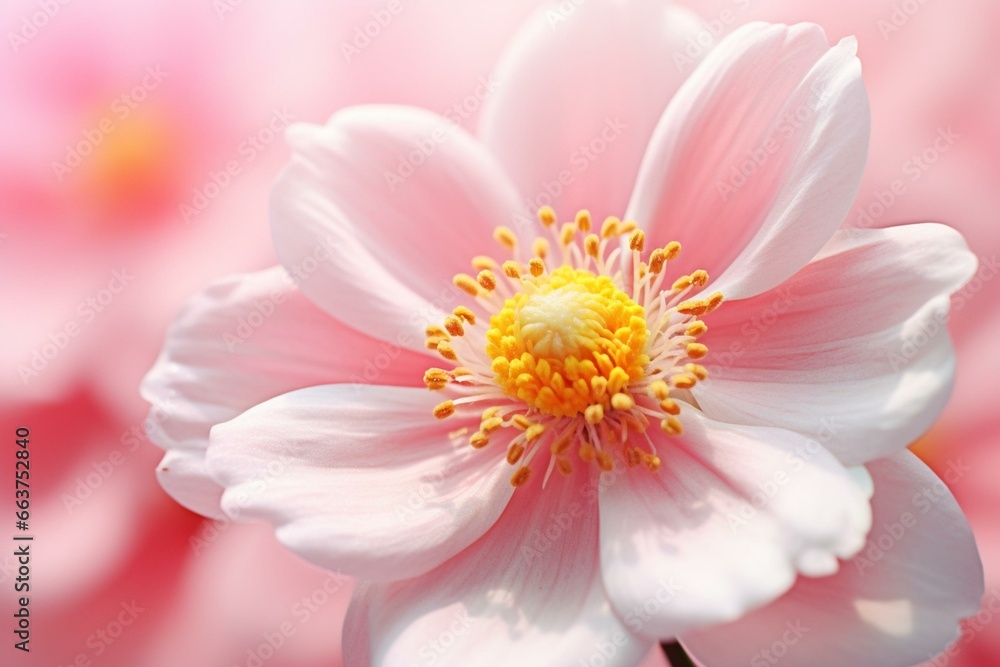 A close-up of a pink flower with a blurred background and a light pink background, featuring a white center and yellow stamen. Generative AI
