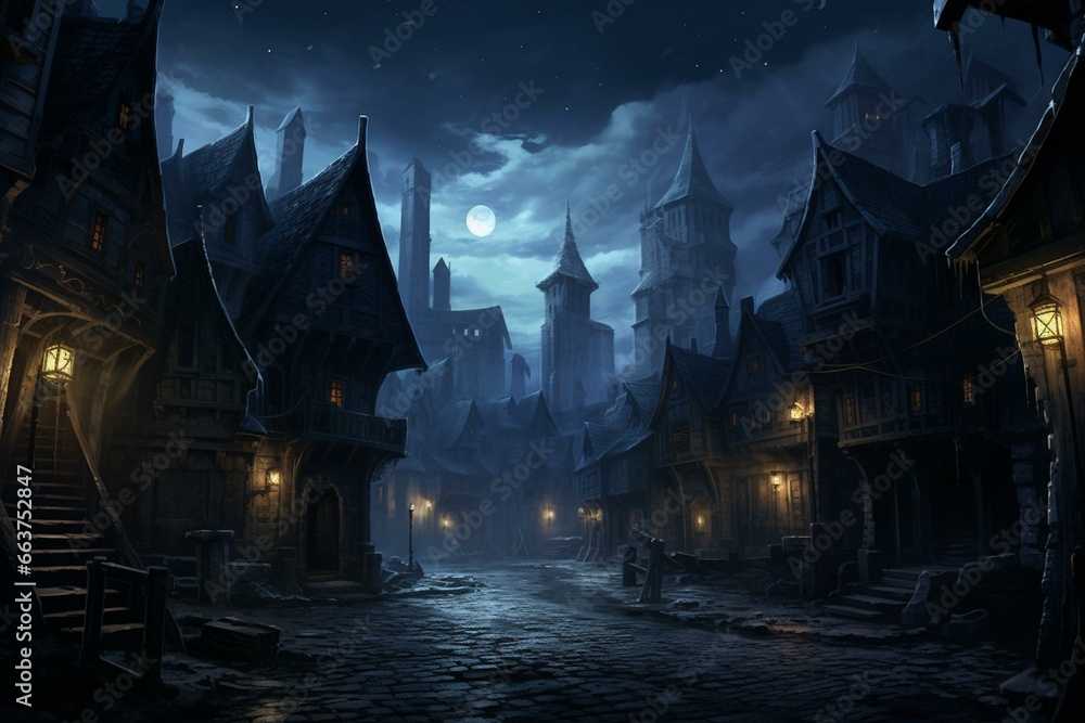 Fascinating nocturnal scene of a gothic town, featuring a moonlit sky, enchanting lights, and dreamy clouds. Generative AI
