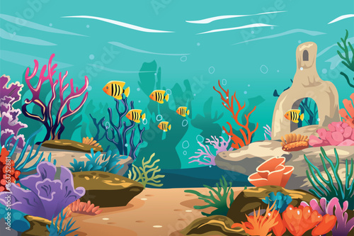 Background sea world in the flat cartoon design. This image captures serene atmosphere of the sea world, where the interplay of light and water creates a sense of tranquility. Vector illustration.