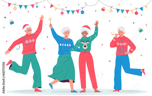 Happy elderly people at the Christmas party. Happy party