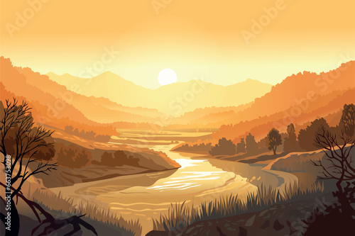 Background savanna in the flat cartoon design. The image captures the serene of the savanna  depicting a moment of quiet contemplation amid the vastness of the natural world. Vector illustration.