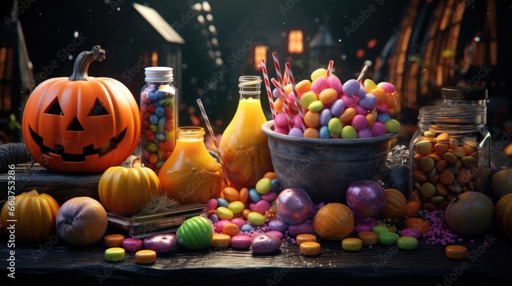 Halloween background with a scary scene and candy