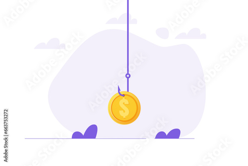 Money bait, money trap concept. Dollar on the fishing hook. Vector illustrations for banner, website, landing page, flyer.
