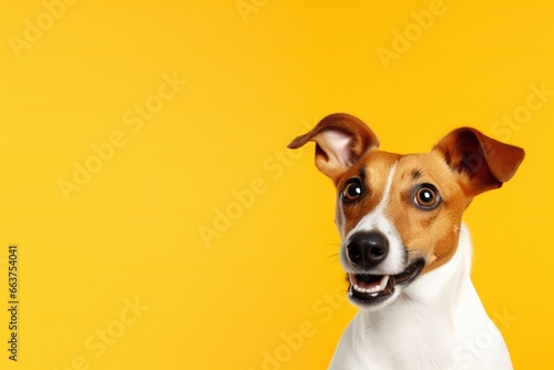 Portraite of Happy surprised dog. Top of head of Jack Russell Terrier Horizontal Banner with copy space on yellow background.