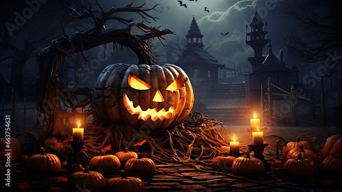 Halloween background with spooky glowing pumpkin