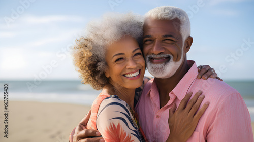 Happy senior african american couple sharing a loving hug on a beach