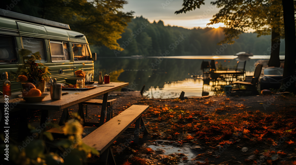 Capture a serene scene of a camper savoring a cup of coffee by a calm lake, surrounded by lush forests, showcasing the tranquility of morning rituals in nature.