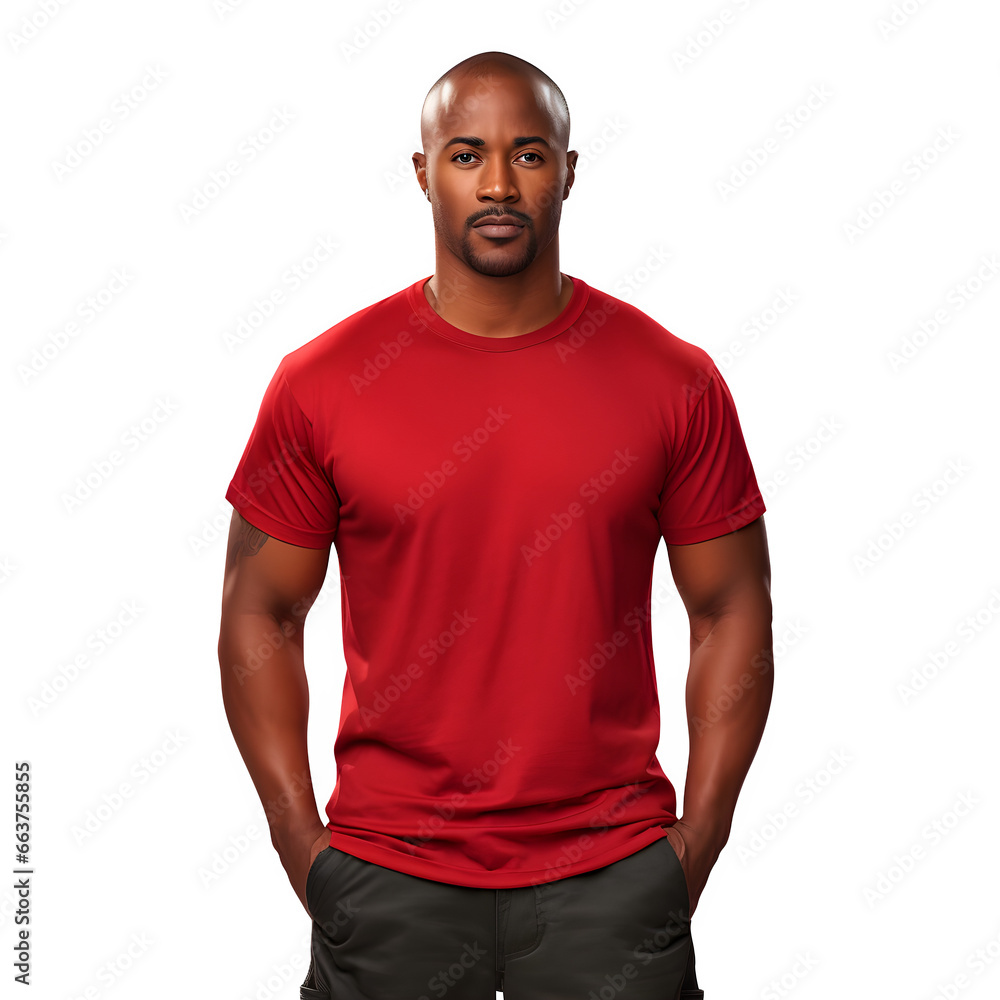 ภาพประกอบสต็อก Black man in red t-shirt on transparent background ...