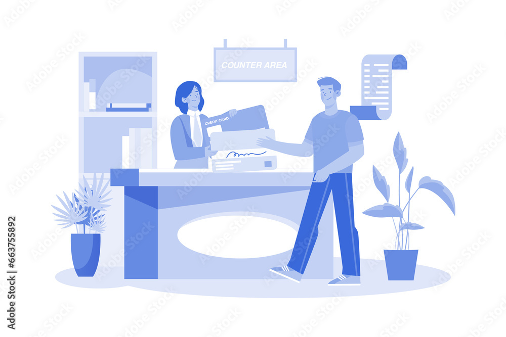 Customer Service Staff at the Office Counter Area Receive Credit Card Customer Service Staff at the Office Counter Area Receive Credit Card