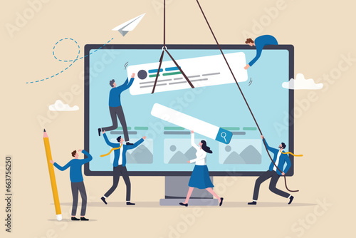 Website development, build homepage layout or html designer, SEO search engine optimization or site template creation concept, business people help carry web banner create website on computer screen.