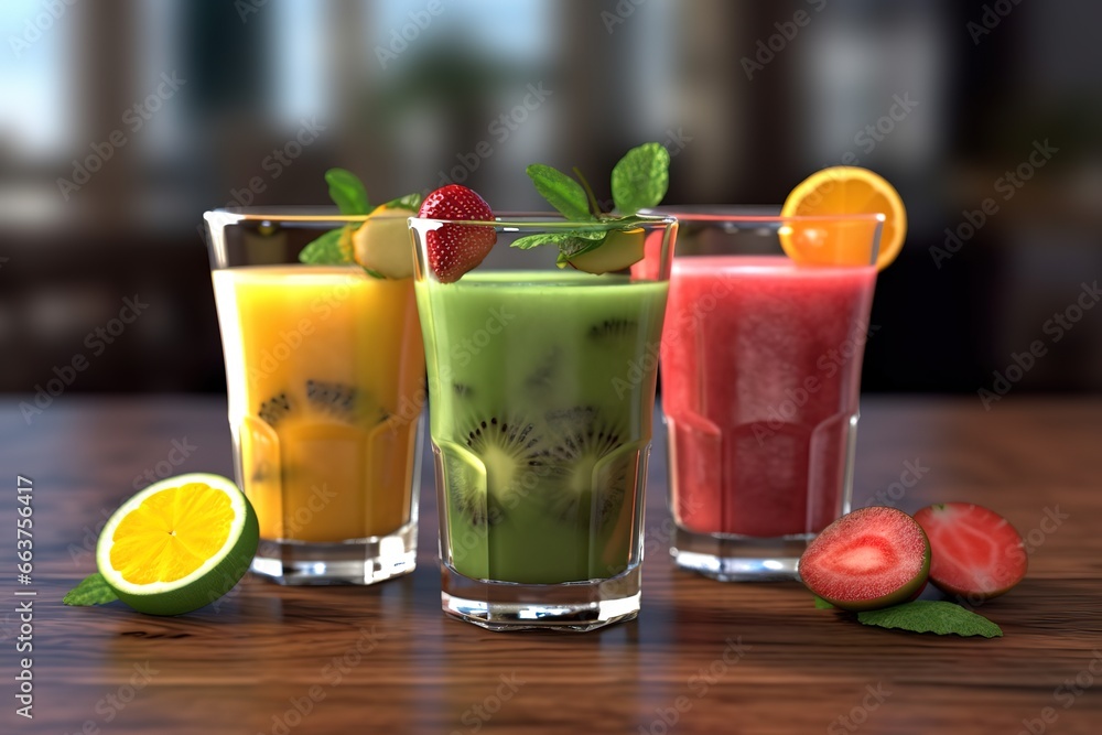 Fototapeta premium Healthy fruit juice served in clear glasses. generative AI