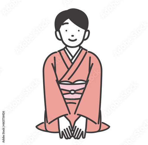 正座をしてお辞儀をする女将のベクターイラスト素材／仲居さん／おもてなし