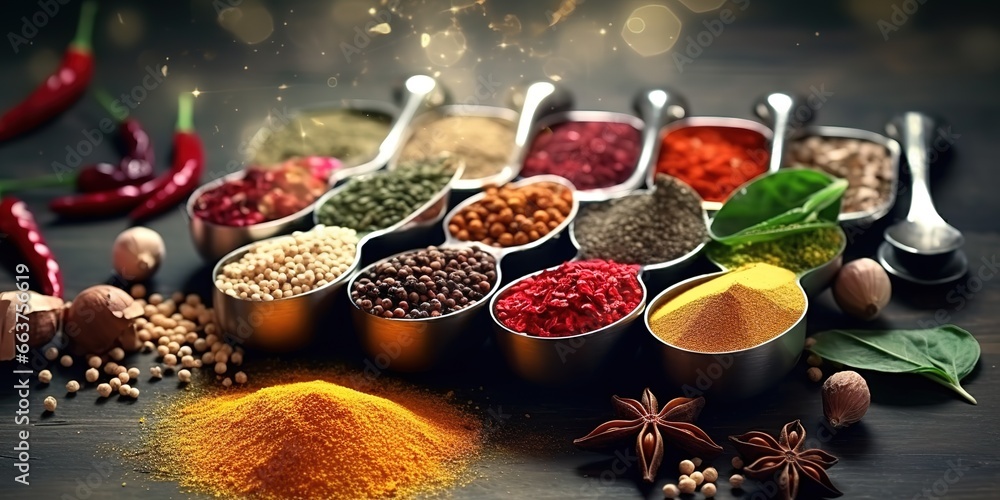 various spices seasonings in photo on black background. Generative AI various spices seasonings in photo on black background. Generative AI