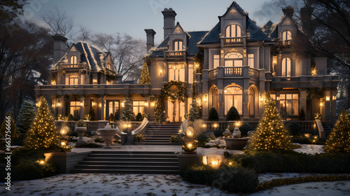 Holiday Magic, Glowing Christmas Trees and Golden Garlands Surrounding a Luxurious Forest Mansion