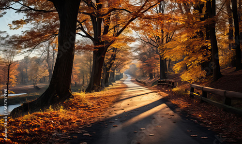 Road in the autumn forest on a sunny day.