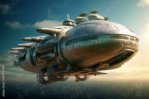 a futuristic cargo plane in the shape of a flying ship with a hatch. Generative AI