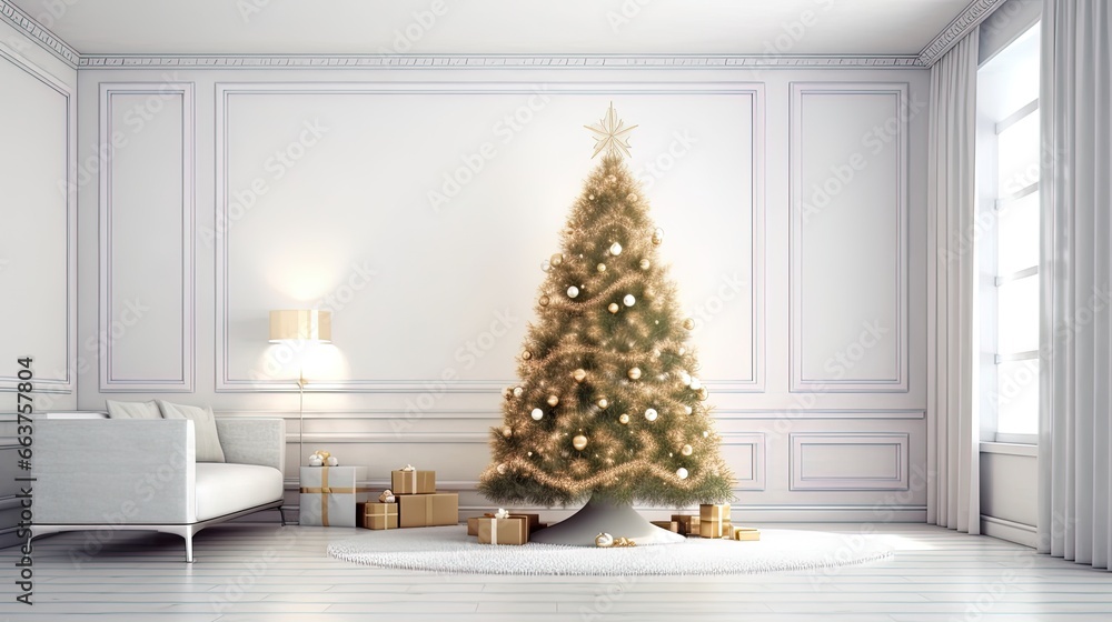 Christmas tree in a 3D rendering of a bright empty white living room, AI generative