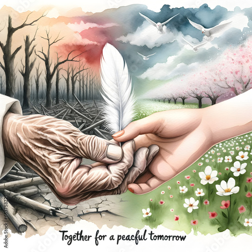Generations Unite: Watercolor Depiction of Old and Young Hands Holding a Feather Against a War-Torn Landscape