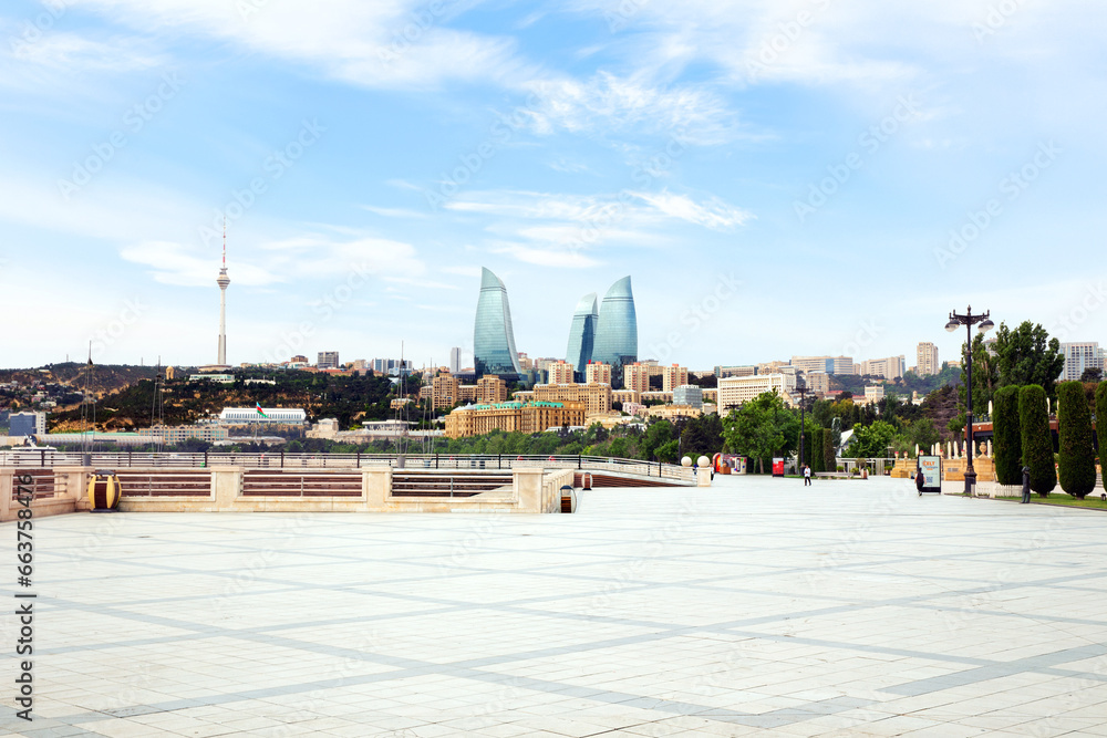 Picturesque view of the Flame Towers and central embankment of the capital Baku. Azerbaijan