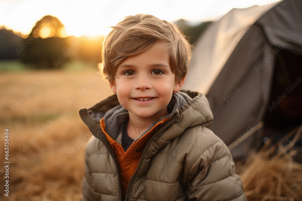 Portrait of a cute boy looking at camera while near his tent in nature Portrait of a cute boy looking at camera while near his tent in nature