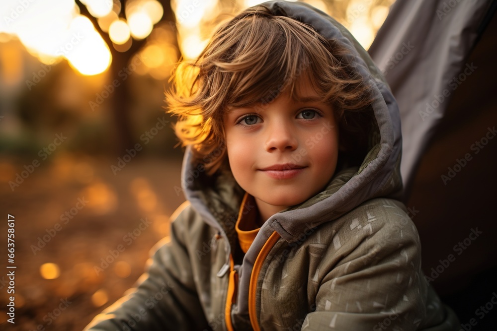 Portrait of a cute boy looking at camera while near his tent in nature Portrait of a cute boy looking at camera while near his tent in nature