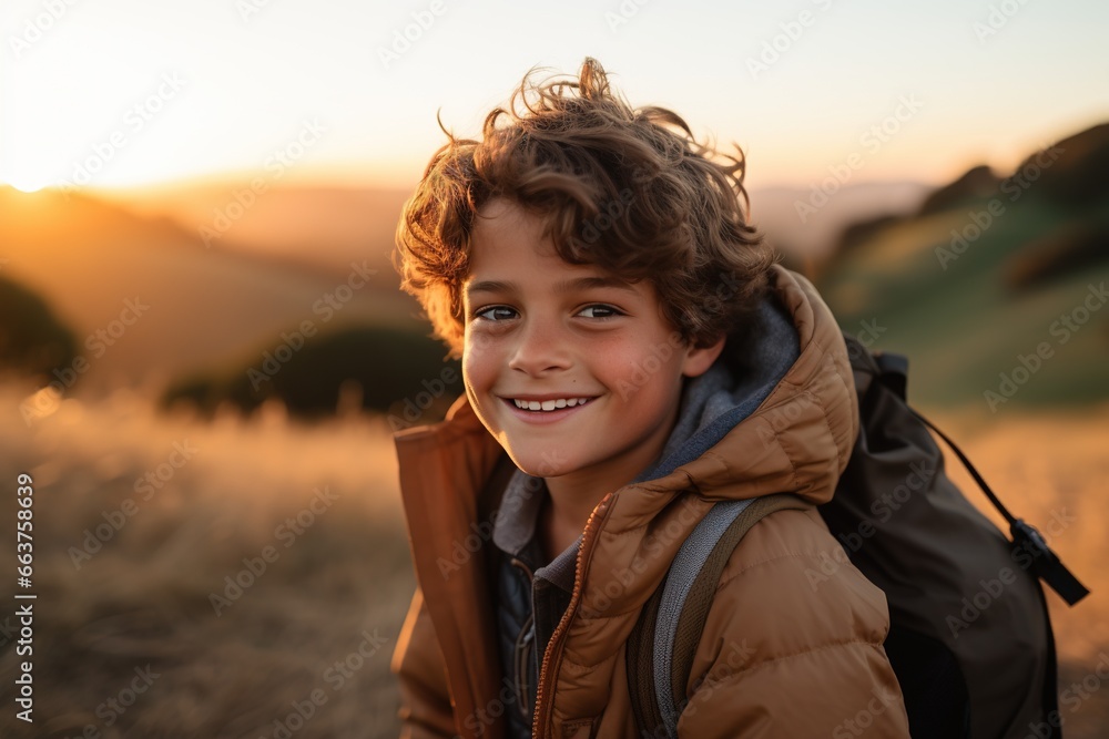 Portrait of a cute boy looking at camera  while near his tent in nature