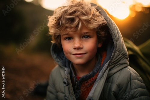 Portrait of a cute boy looking at camera while near his tent in nature
