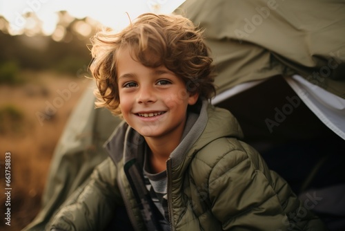 Portrait of a cute boy looking at camera  while near his tent in nature © Rudsaphon