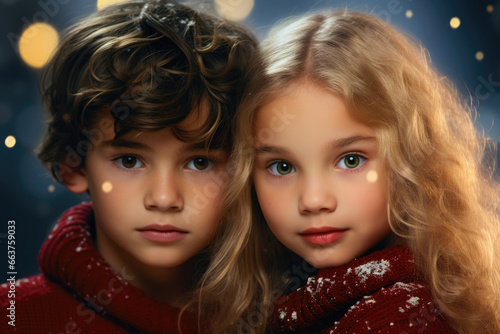 Faces of a young boy and girl at Christmas