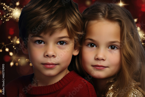Faces of a young boy and girl at Christmas