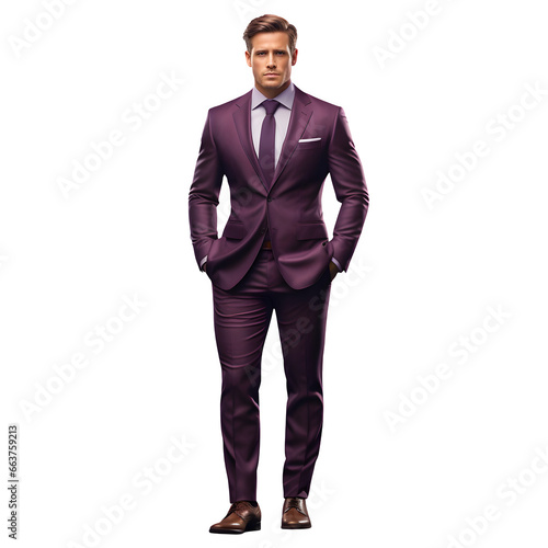 Caucasian man in plum suit, on transparent background, White man, png file, isolated, white background with generative ai