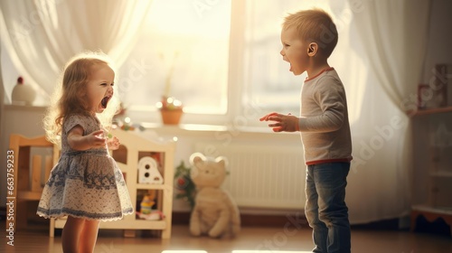 Two children screaming and swearing at each other photo