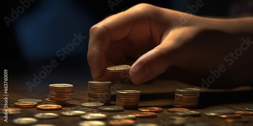  a hand is holding coins by a wooden table. generative AI