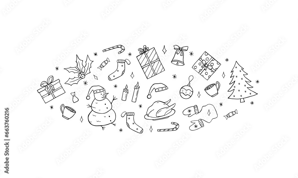 Fototapeta premium Christmas and New Year set of doodle icons. Vector illustration of cartoon hand draw elements of the symbol of Christmas.