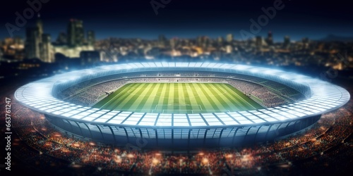 a large football stadium with bright lights at night. generative AI photo