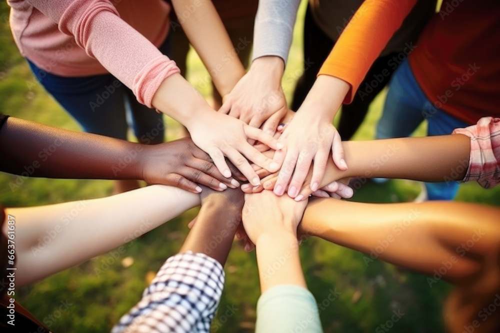 Group of mix race people joining hands together in a circle supporting each other, symbolizing unity and collective action in the fight against social injustice Group of mix race people joining hands together in a circle supporting each other, symbolizing unity and collective action in the fight against social injustice