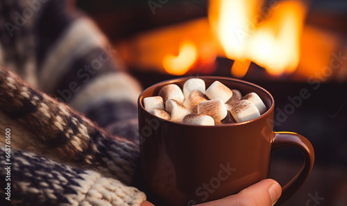 A person relaxing by a cozy fireplace with a mug of warm hot chocolate on a winter evening