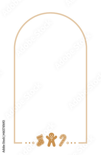 Gingerbread Cookies Arch Frame Border, Christmas Winter Holiday Graphics. Homemade sweets card and social media post template on white background. Isolated vector illustration.