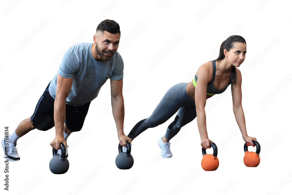 Sporty man and woman doing push-up on a transparent background Sporty man and woman doing push-up on a transparent background