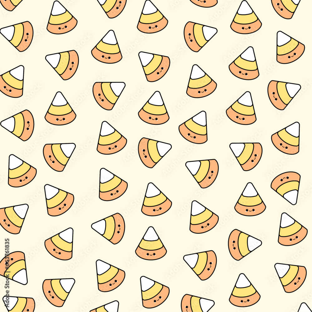 Seamless repeat pattern with corn candy on white. Hand drawn vector illustration. Line drawing. Design concept for Halloween party, textile print, wallpaper, wrapping paper