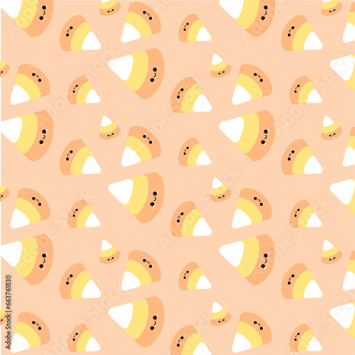 Seamless repeat pattern with corn candy on white. Hand drawn vector illustration. Line drawing. Design concept for Halloween party, textile print, wallpaper, wrapping paper