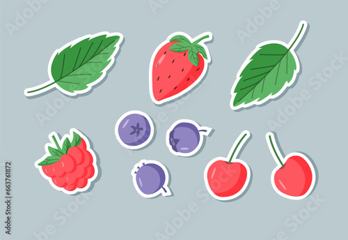 Stickers Summer sweet berries cartoon icons. Vector illustration color raspberry strawberry blueberry cherry and mint leaves.
