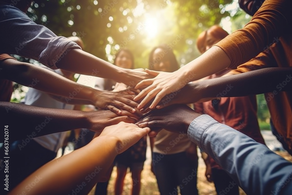Group of mix race people joining hands together in a circle supporting each other, symbolizing unity and collective action in the fight against social injustice